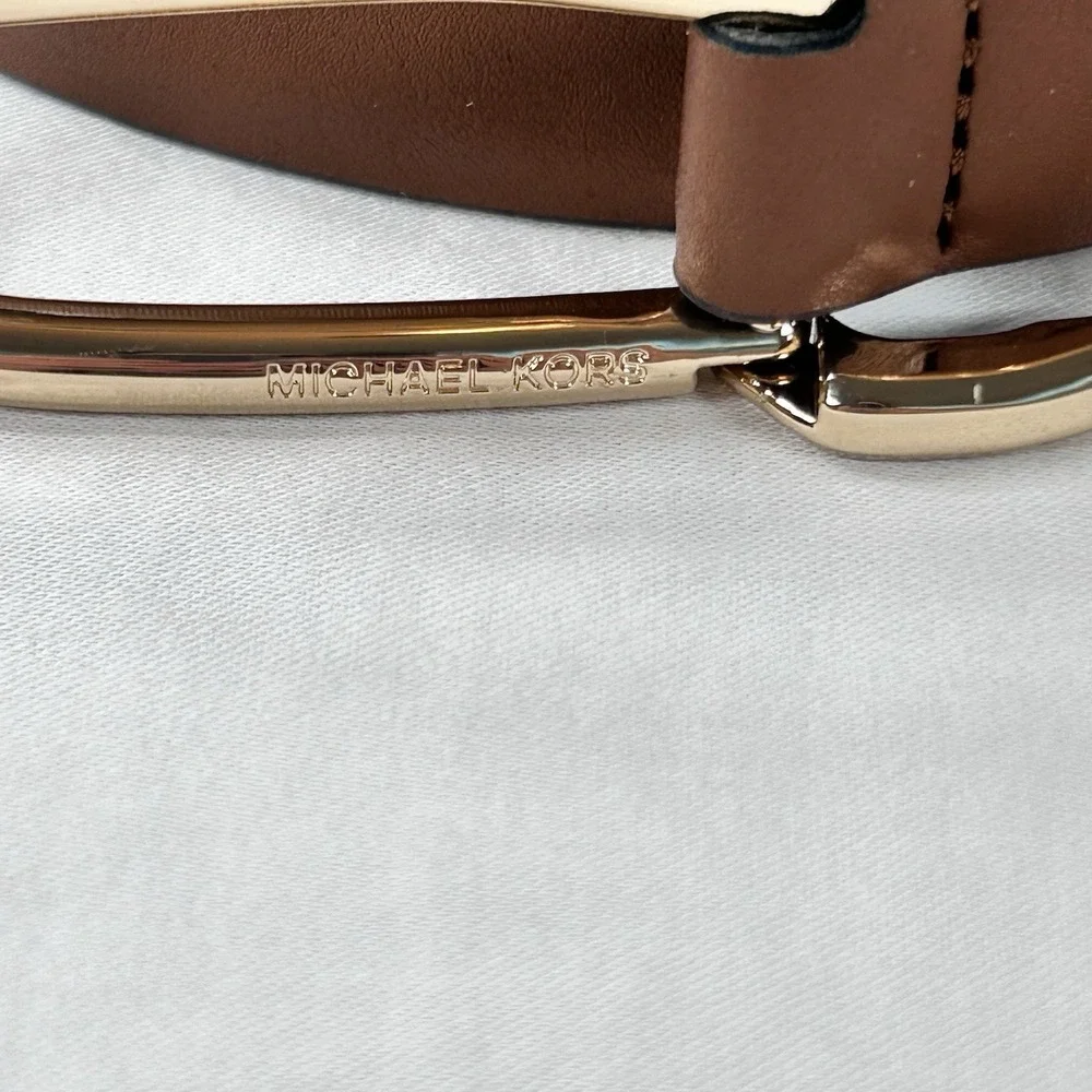 Michael Kors Women's Leather Belt Oval Gold Buckle Luggage Brown XL 38mm